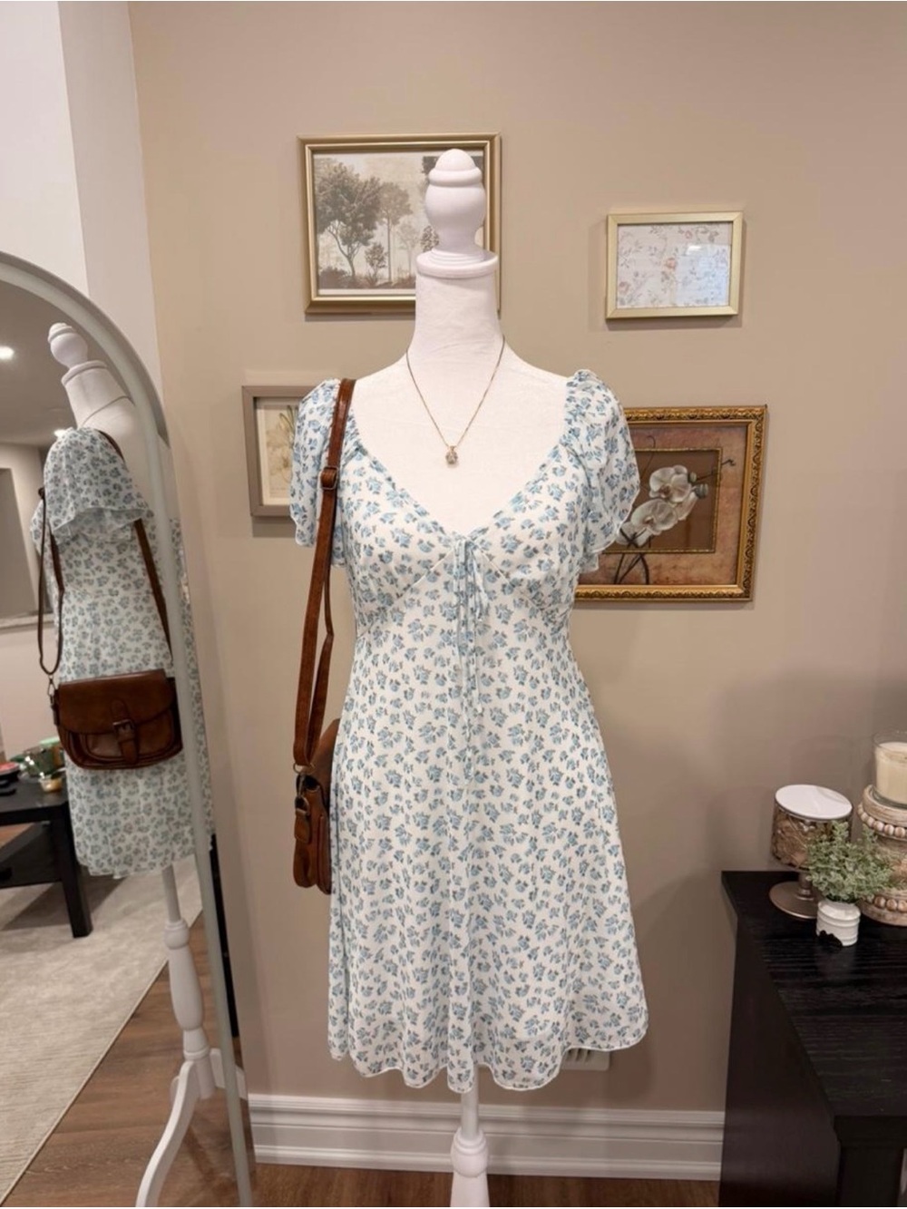 See You Monday White Mini Dress with Blue Floral Print
